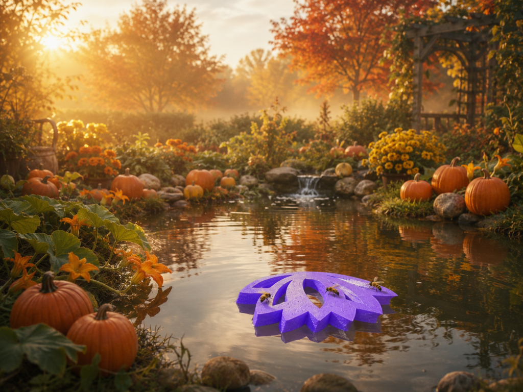 Lotus Flower Bee Raft floating in an autumn pond surrounded by pumpkins