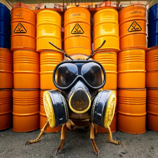 Honey bee wearing a respirator mask in front of orange chemical containers, representing environmental stress and risks to pollinators.