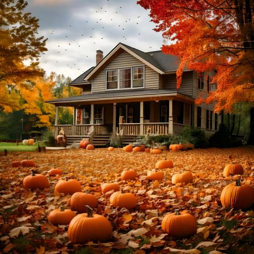 Rustic fall home surrounded by pumpkins and autumn leaves for a pollinator-friendly garden