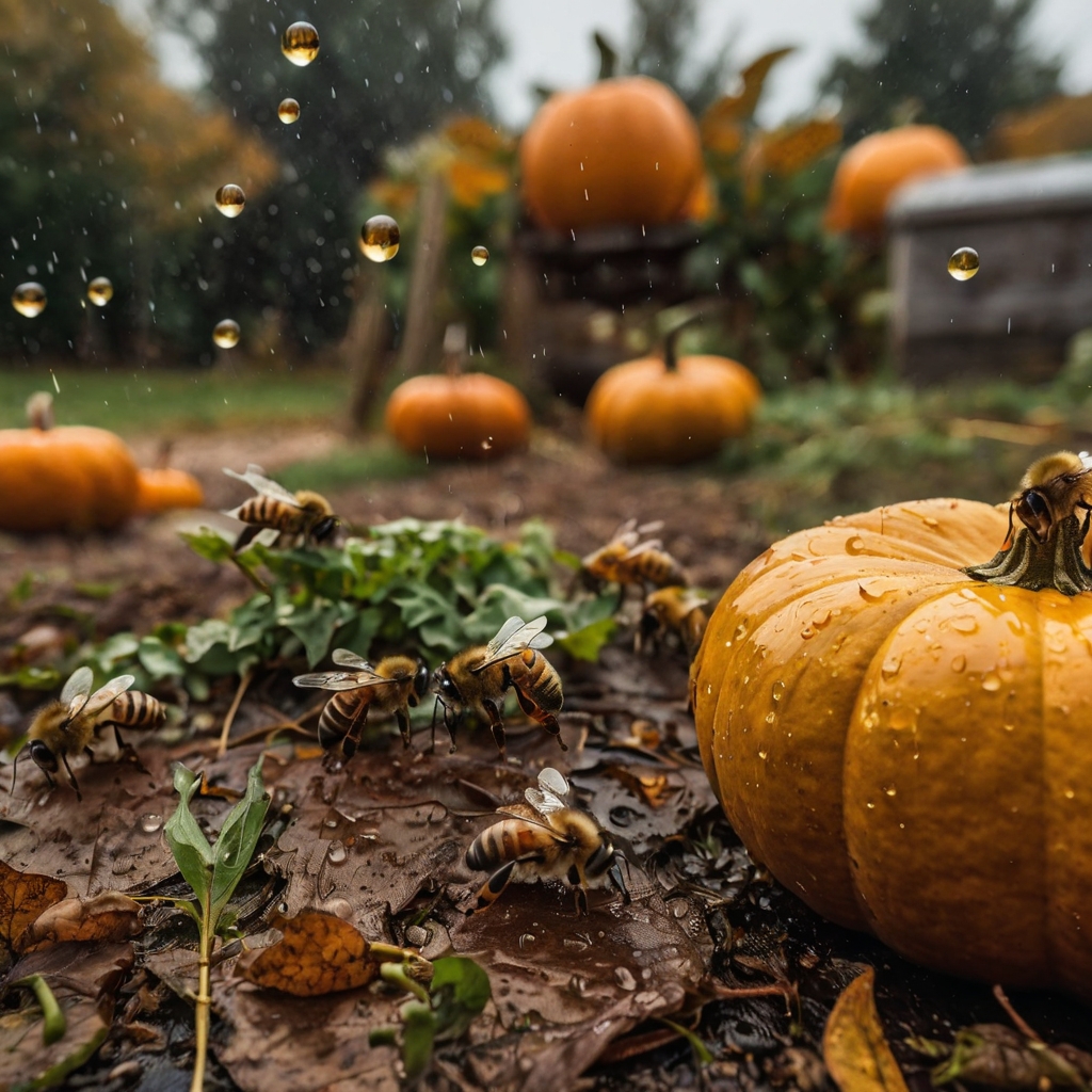 Bees near pumpkins in a rainy garden showing why pollinators need safe water access
