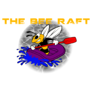The Bee Raft logo featuring a cartoon bee paddling a purple raft on water