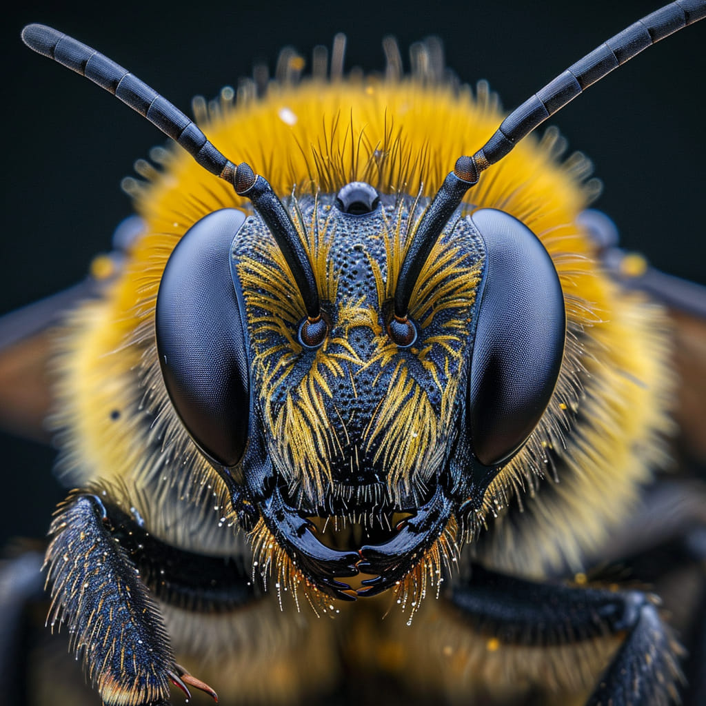 Do bees have feelings? Close-up of a bumblebee showing detailed eyes, antennae, and face showing its eyes, antennae, and detailed face