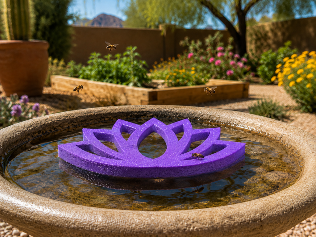 Purple Bee Raft floating in a Phoenix backyard birdbath while bees hover and land nearby.