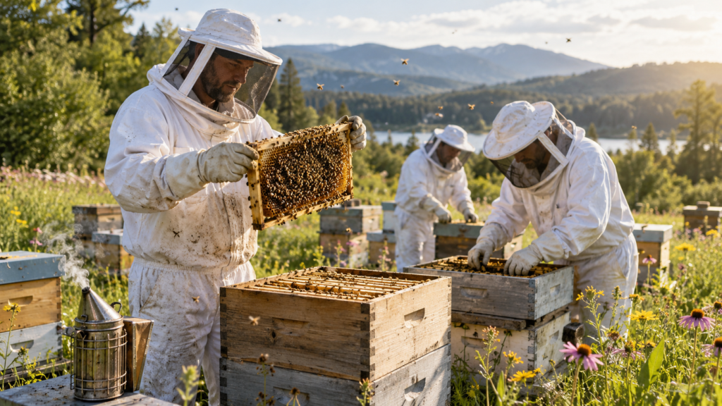 Beekeepers inspecting honey bee hives as tariffs are affecting beekeepers and honey producers