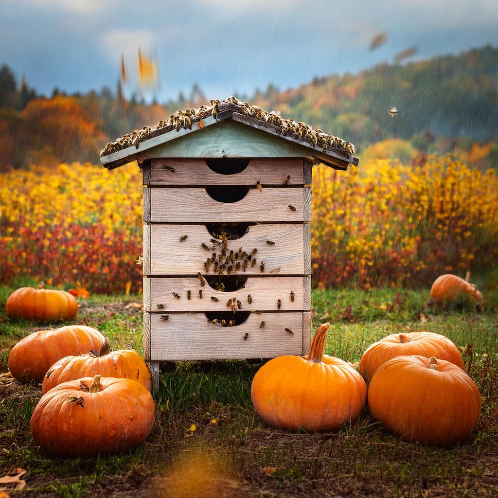 Honey bees around a beehive in a fall pollinator garden with pumpkins and autumn wildflowers